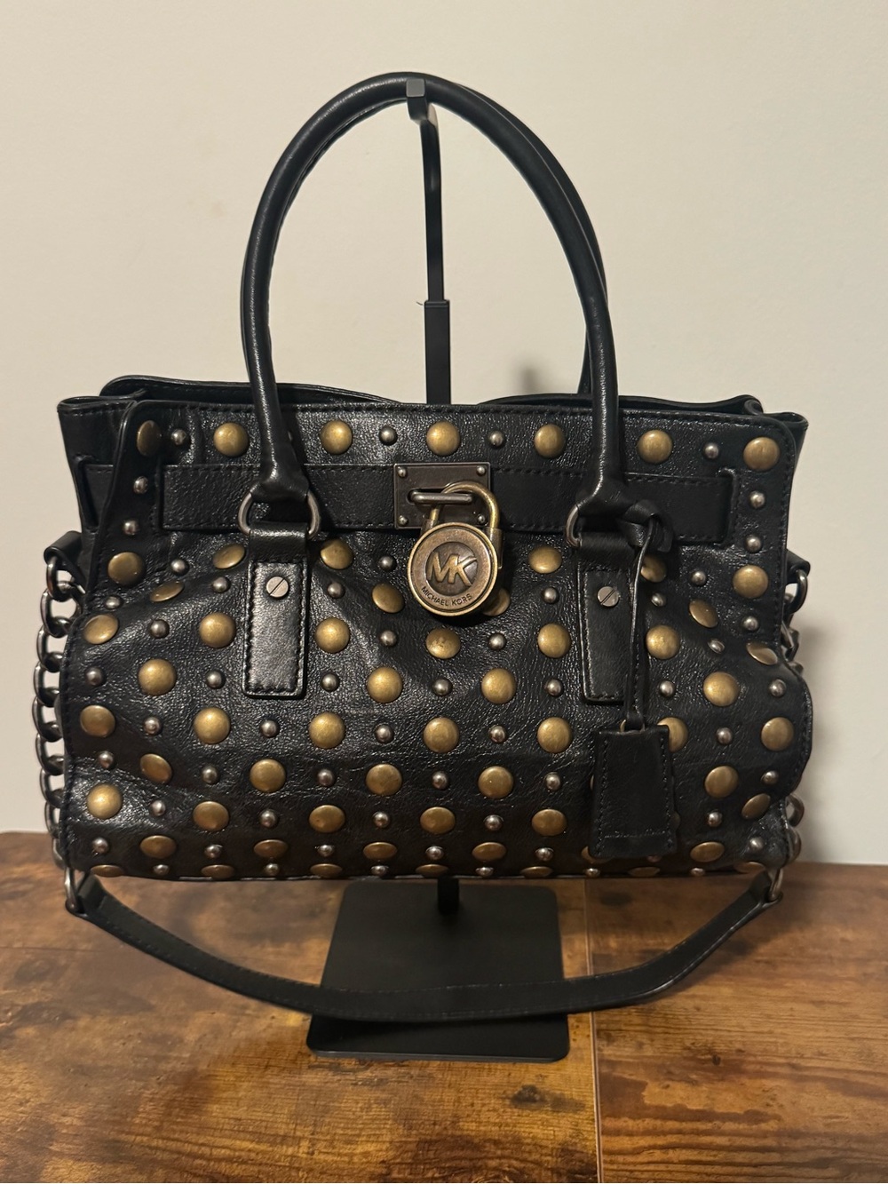 Michael Kors Black Leather Studded Satchel with Gold Accents
